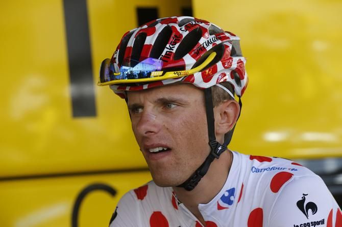 Rafal Majka (Tinkoff-Saxo) heads to the start of stage 17 in the Tour de France climber's jersey