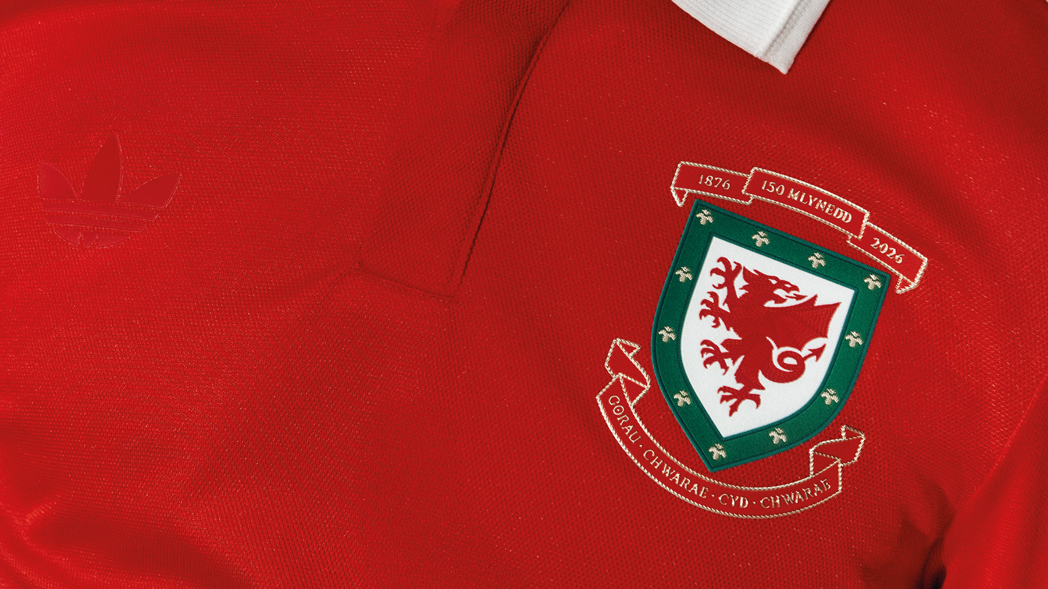 Close up of the Wales 150 Jersey showing the Wales FA badge