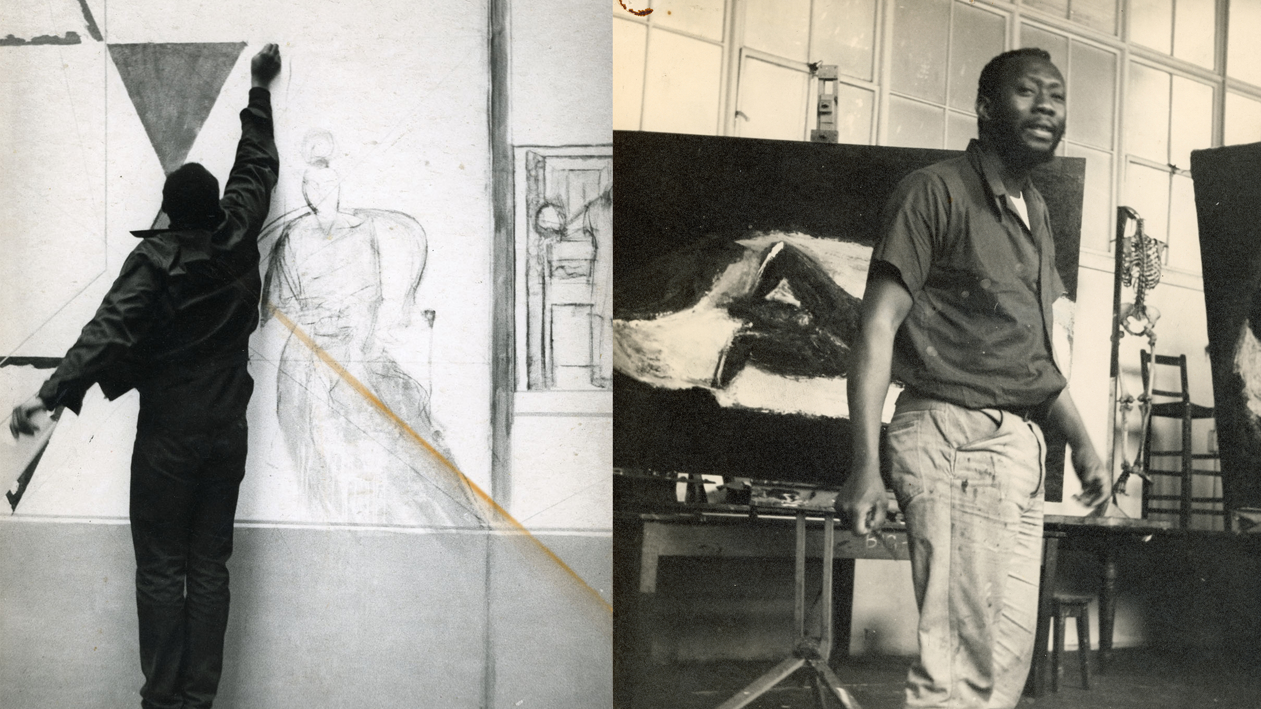 Black and white photograph of Sir Frank Bowling OBE RA working on Execution of Mary Queen of Scots. Black and white photograph of Frank Bowling in the life room at the RCA, by an unknown photographer
