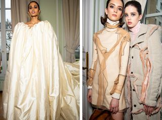 A Renaissance faux fur faux leather pleated dress and a body swathing meringue-like ball gown.