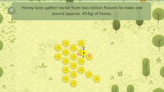 Cartoon bee looking at camera with a bee fact above its head in Google Earth Day game