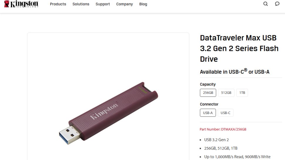 Website screenshot of Kingston DataTraveler Max (August, 2025)
