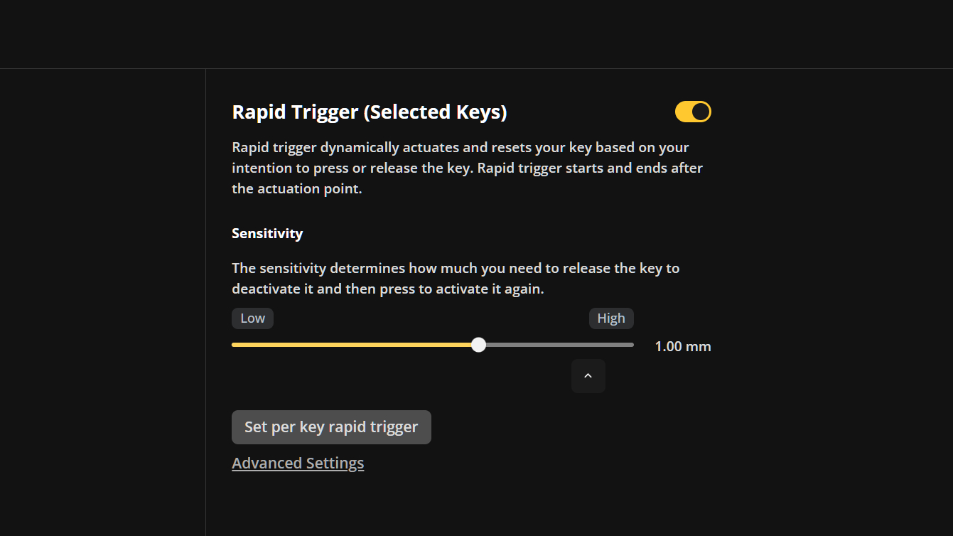 The Wootility application running in browser showing rapid trigger feature.