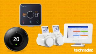 The Nest Learning Thermostat, the Hive Active Heating Smart Thermostat and the Honeywell EvoHome smart thermostat and two radiator valves, on a yellow background