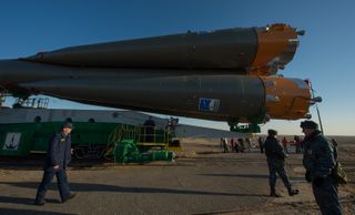 Soyuz Rocket Rolls Out to Launch Pad by Train