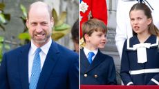 A composite of a picture of Prince William in 2026 and Princess Charlotte and Louis in 2024