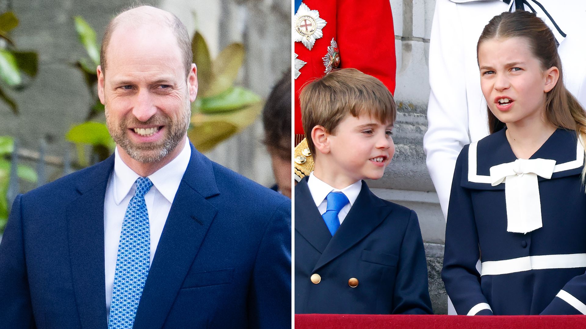 A composite of a picture of Prince William in 2026 and Princess Charlotte and Louis in 2024