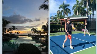 View from the pool at the Four Seasons Nevis and Grace Walsh, heath editor, on the pickleball court