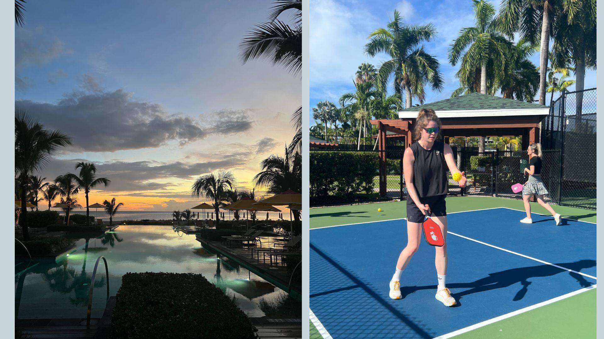 View from the pool at the Four Seasons Nevis and Grace Walsh, heath editor, on the pickleball court