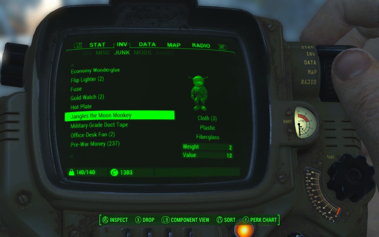 Fallout 4 pip boy inventory showing Jangles the Moon Monkey