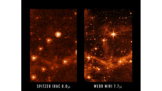 A comparison of views of the same part of the sky as seen by NASA's retired Spitzer Space Telescope and the newly launched James Webb Space Telescope.