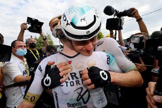 POLIGNY FRANCE JULY 21 LR Jack Haig of Australia and stage winner Matej Mohoric of Slovenia and Team Bahrain Victorious react after the stage nineteen of the 110th Tour de France 2023 a 1728km stage from MoiransenMontagne to Poligny UCIWT on July 21 2023 in Poligny France Photo by Tim de WaeleGetty Images