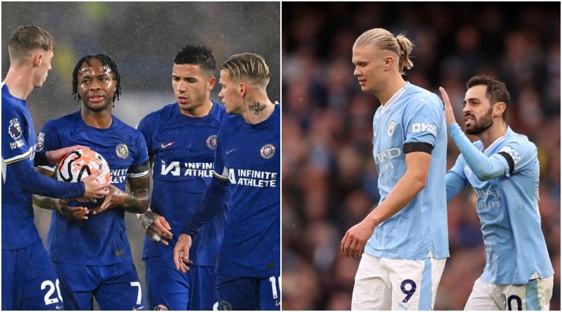 Cole Palmer of Chelsea speaks to Raheem Sterling before a penalty kick during the Premier League match between Chelsea FC and Arsenal FC at Stamford Bridge on October 21, 2023 in London, England. (Photo by Michael Regan/Getty Images)