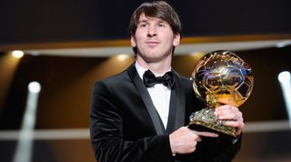 ZURICH, SWITZERLAND - JANUARY 10: Lionel Messi of Argentina and Barcelona FC receives the FIFA player of the year award during the FIFA Ballon d'Or Gala 2010 t the congress hall on January 10, 2011 in Zurich, Switzerland. (Photo by Stuart Franklin - FIFA/FIFA via Getty Images)