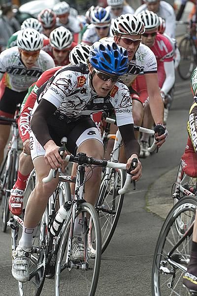 Jay Bourke (Cycle City) shows off his team's new kit during the first stage of the tour in Geelong - home to the 2010 World Road Cycling Championships.
