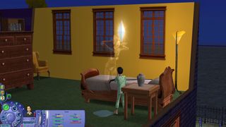 The Sims 2 - Cassandra Goth's ghost scares her younger brother Alexander out of bed.