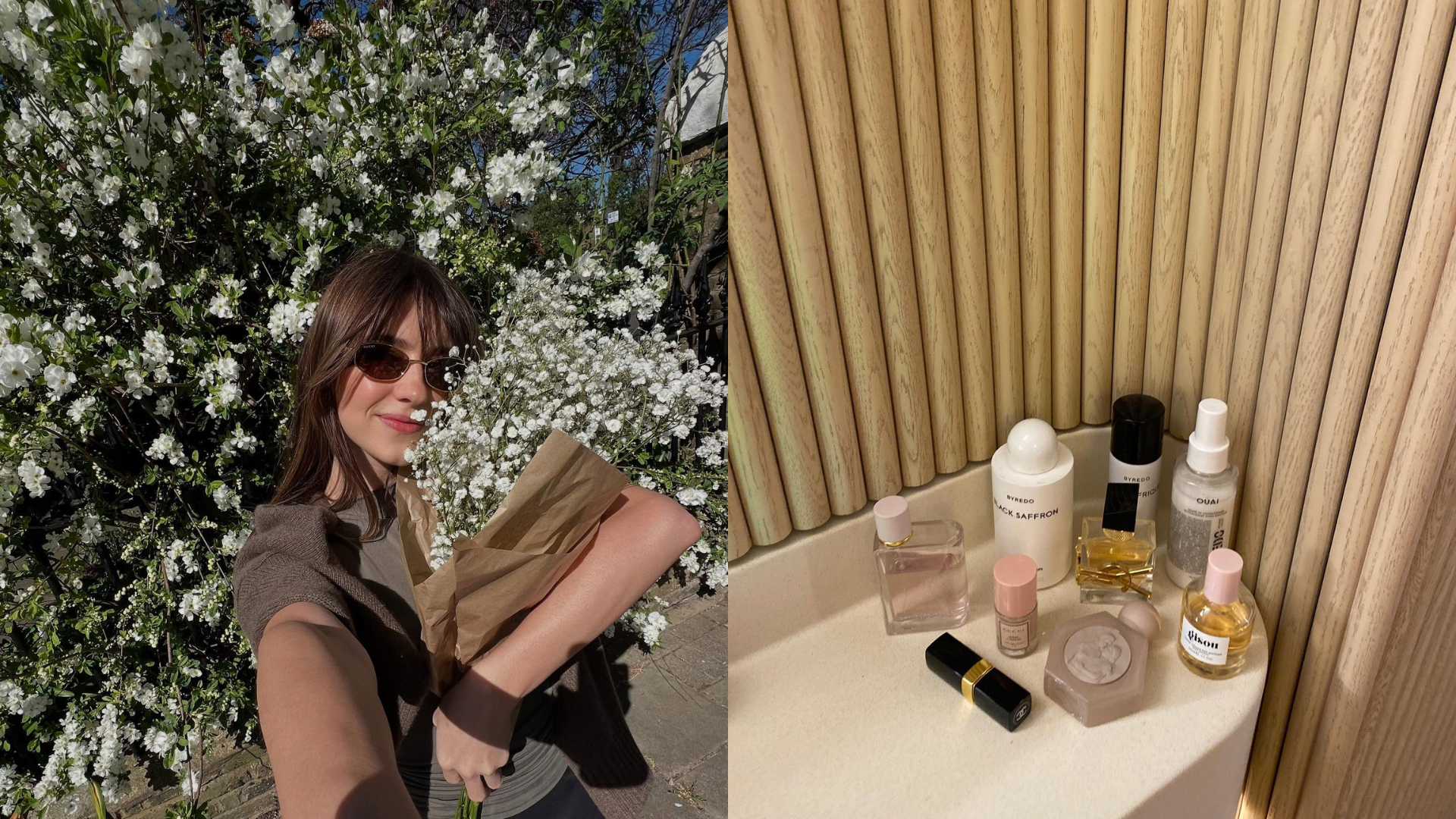 Photo collage of Daisy Edgar-Jones taking a selfie holding flowers and fragrances on a bathroom shelf 