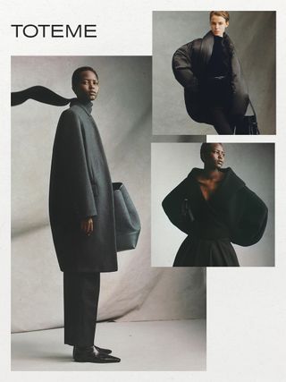 one of the best scandinavian clothing brands, toteme, shown in a collage of images with models wearing winter clothing from the brand