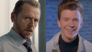 Simon Pegg in Mission: Impossible Rogue Nation/Rick Astley in "Never Gonna Give You Up" music video