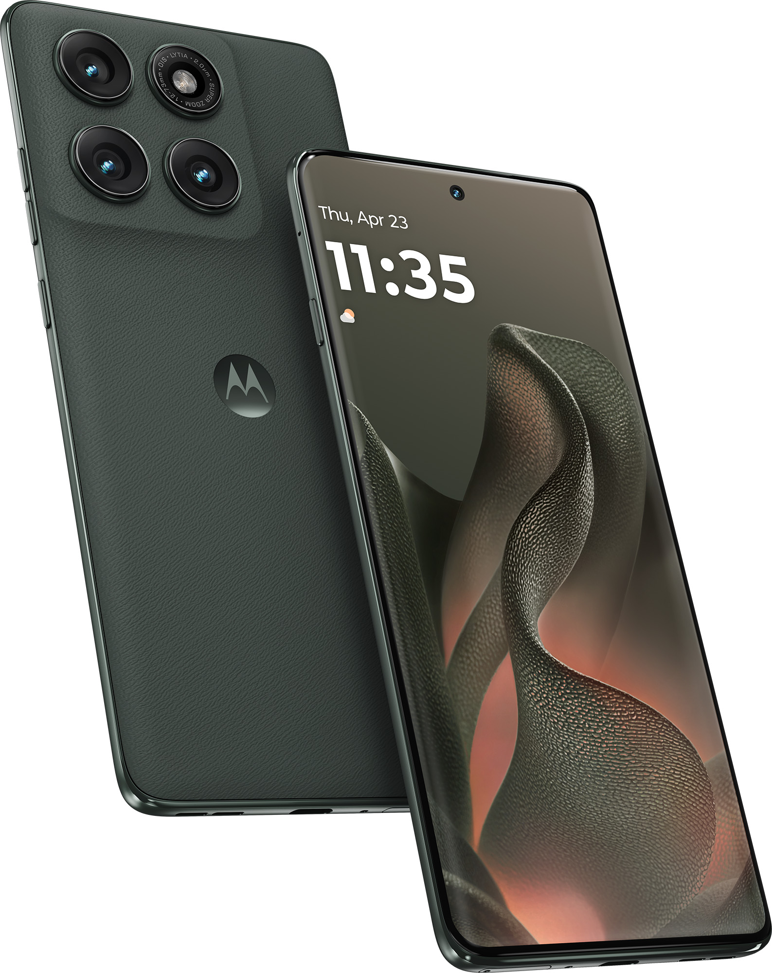 An official render of the Motorola Edge 2025 in PANTONE Forest Green
