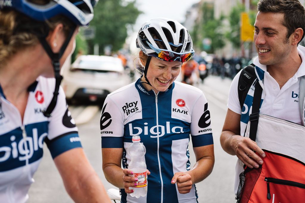 Lotta Lepist&ouml; celebrates with her Bigla teammates