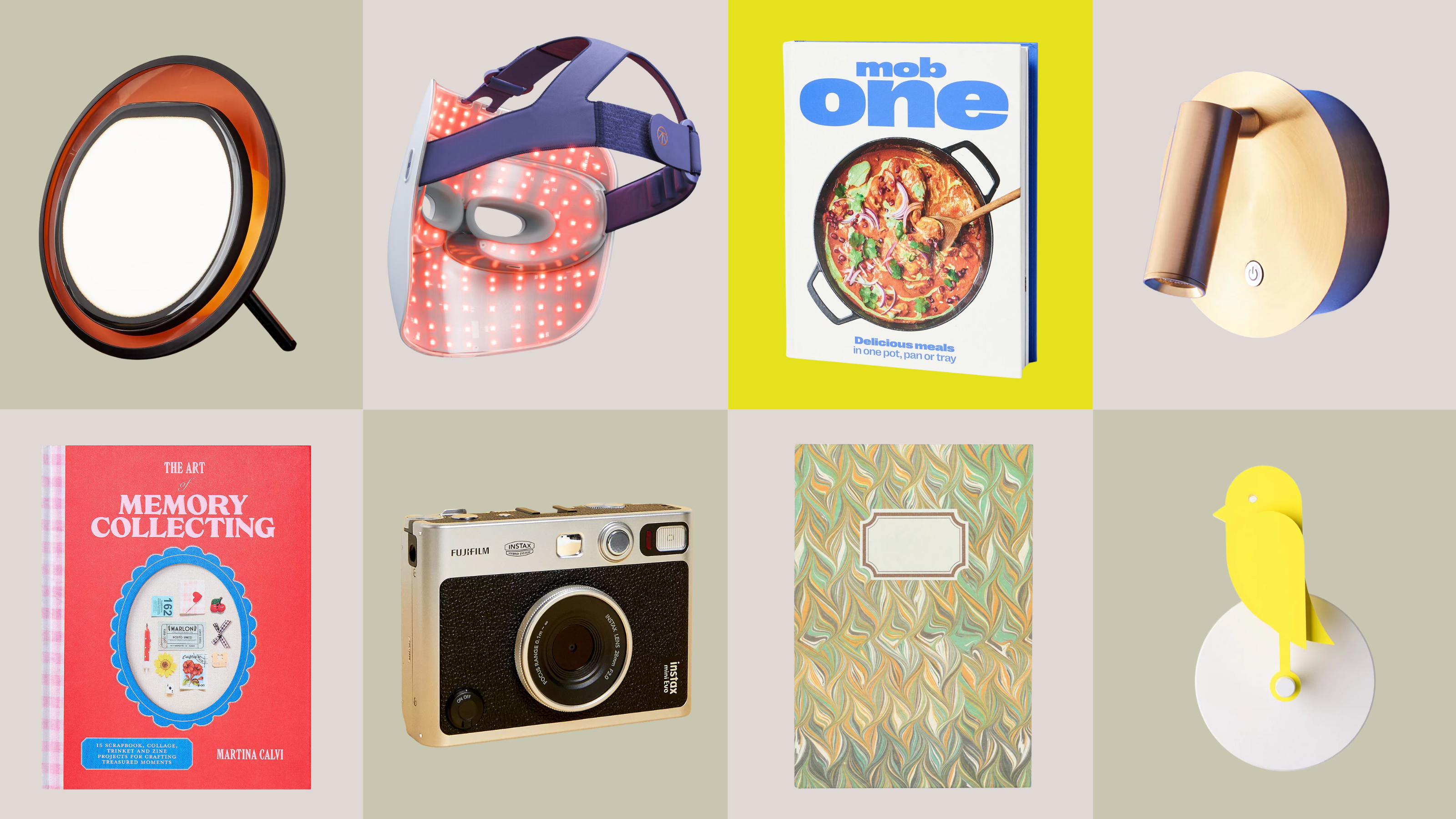 A grid featuring a sunlight lamp, an infrared mask, a recipe book, a brassy reading sconce, a junk journal, a polaroid camera, a marbled journal, and a yellow bird air quality monitor