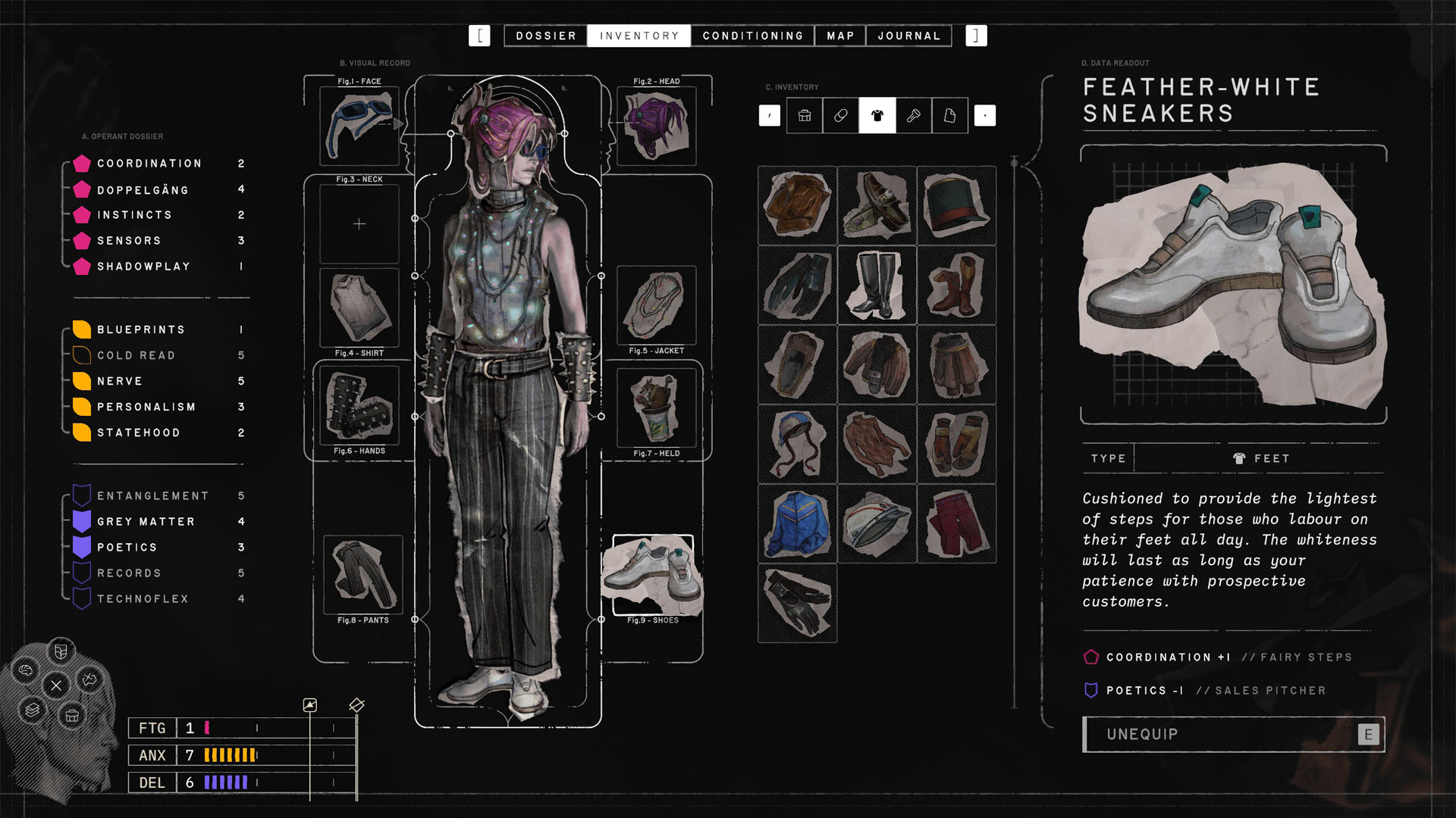 The outfit inventory in Zero Parades: For Dead Spies