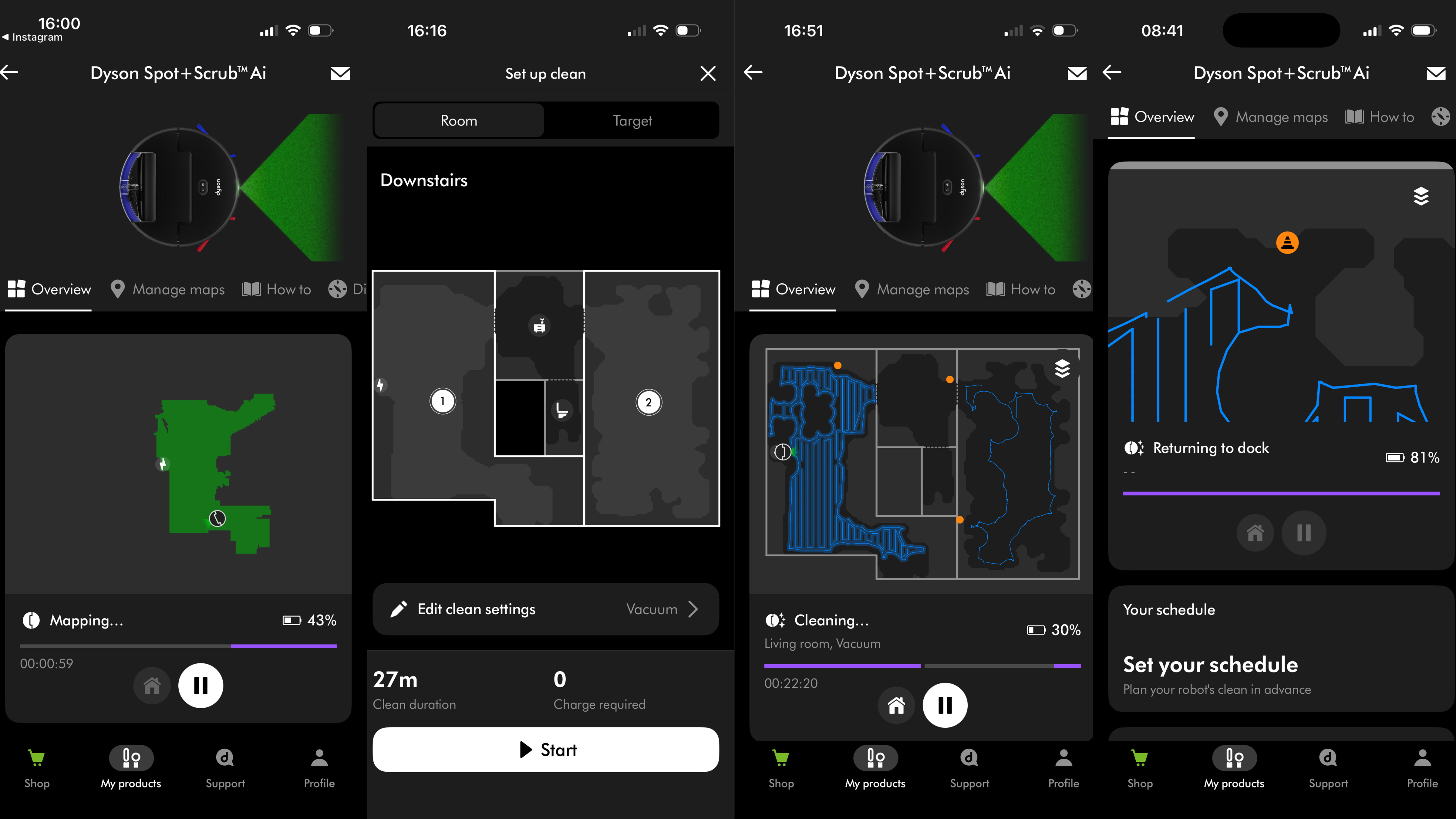 Screenshots from Dyson robot vacuum app