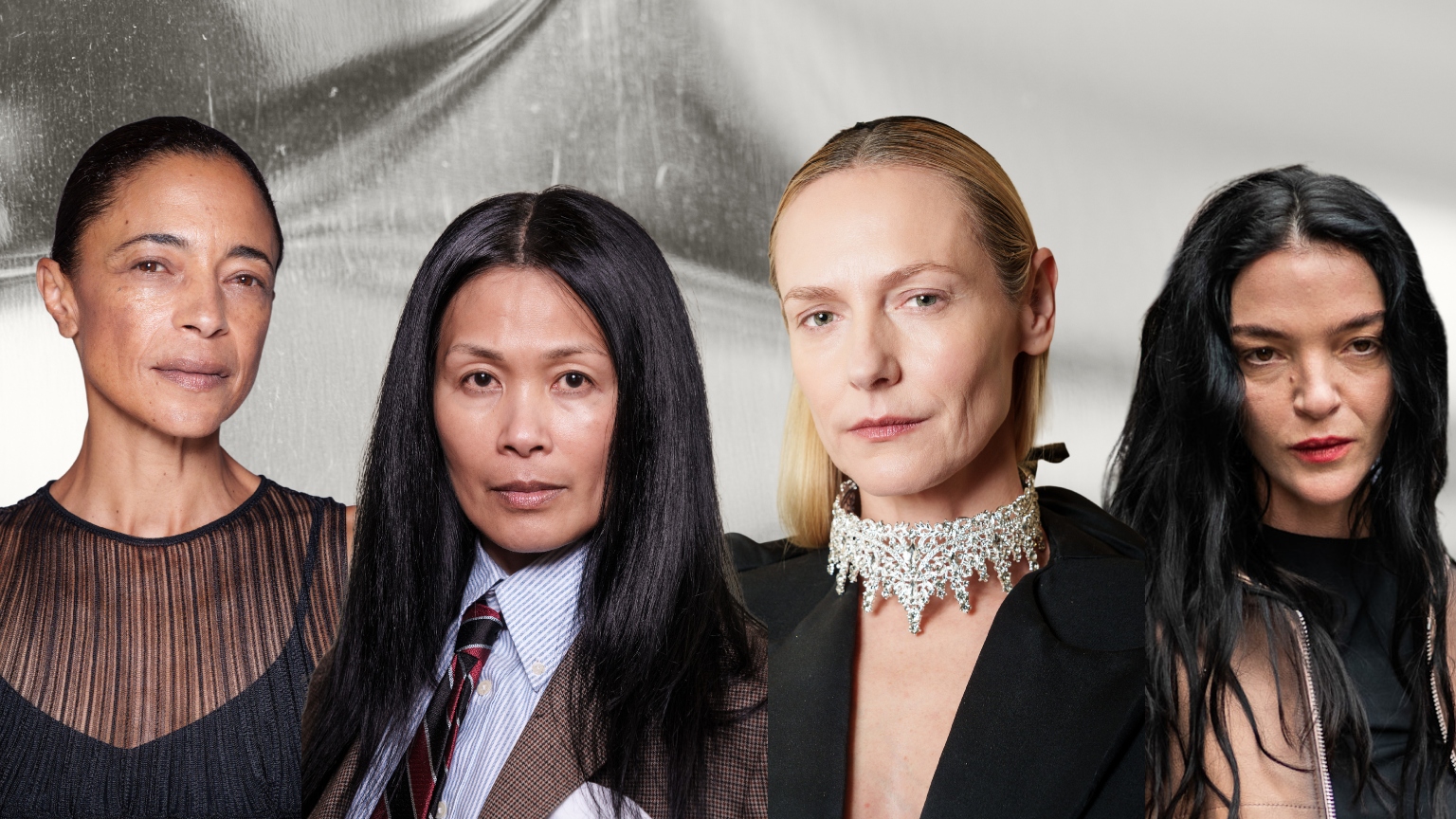 four mature women with glowing skin on a silver background