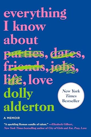 Everything I Know About Love book cover with different words besides the title crossed out and a blue backdrop