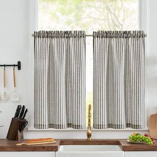 Striped gray and white cafe curtains