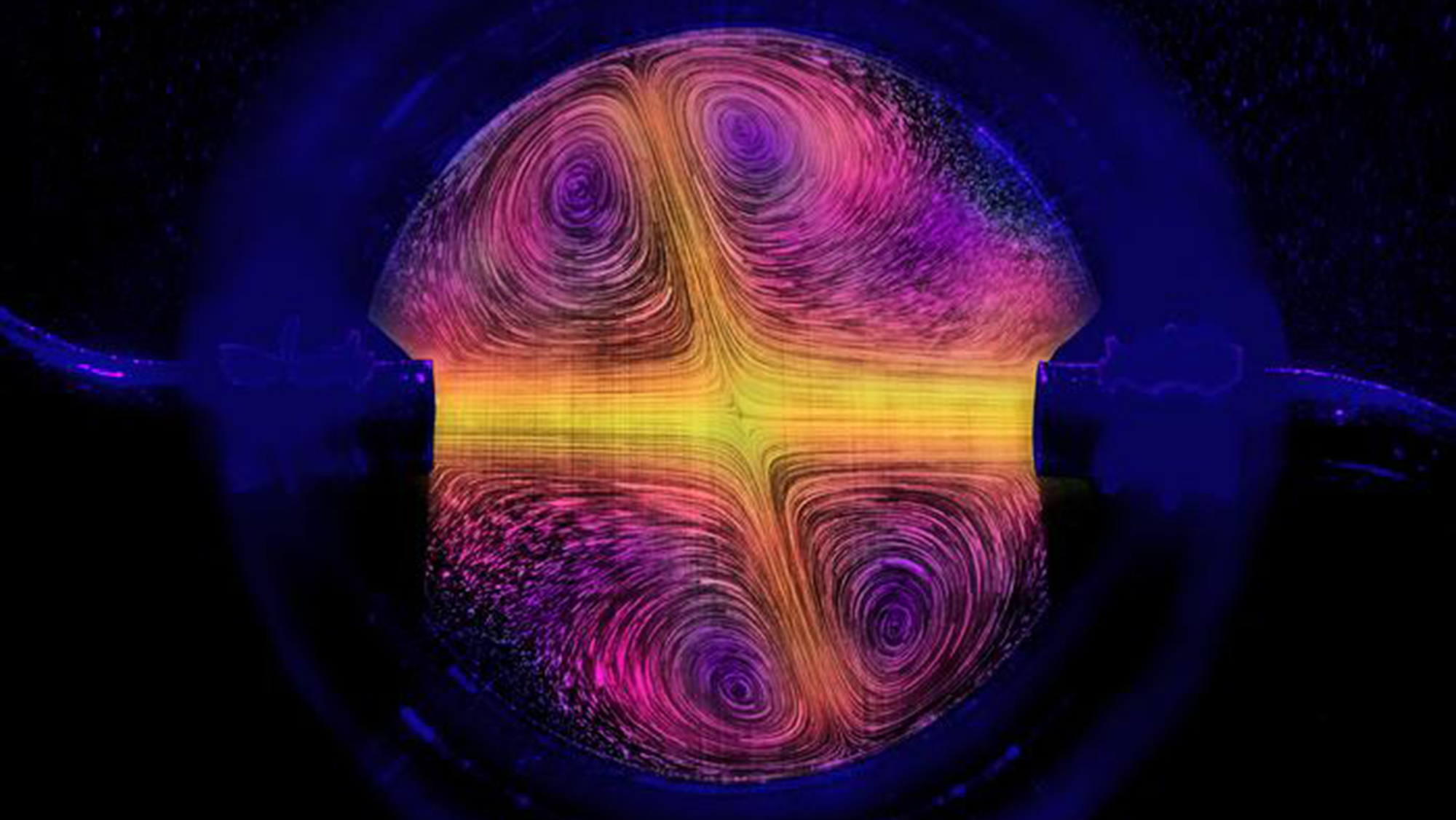 An illustration of a yellow and purple swirling object