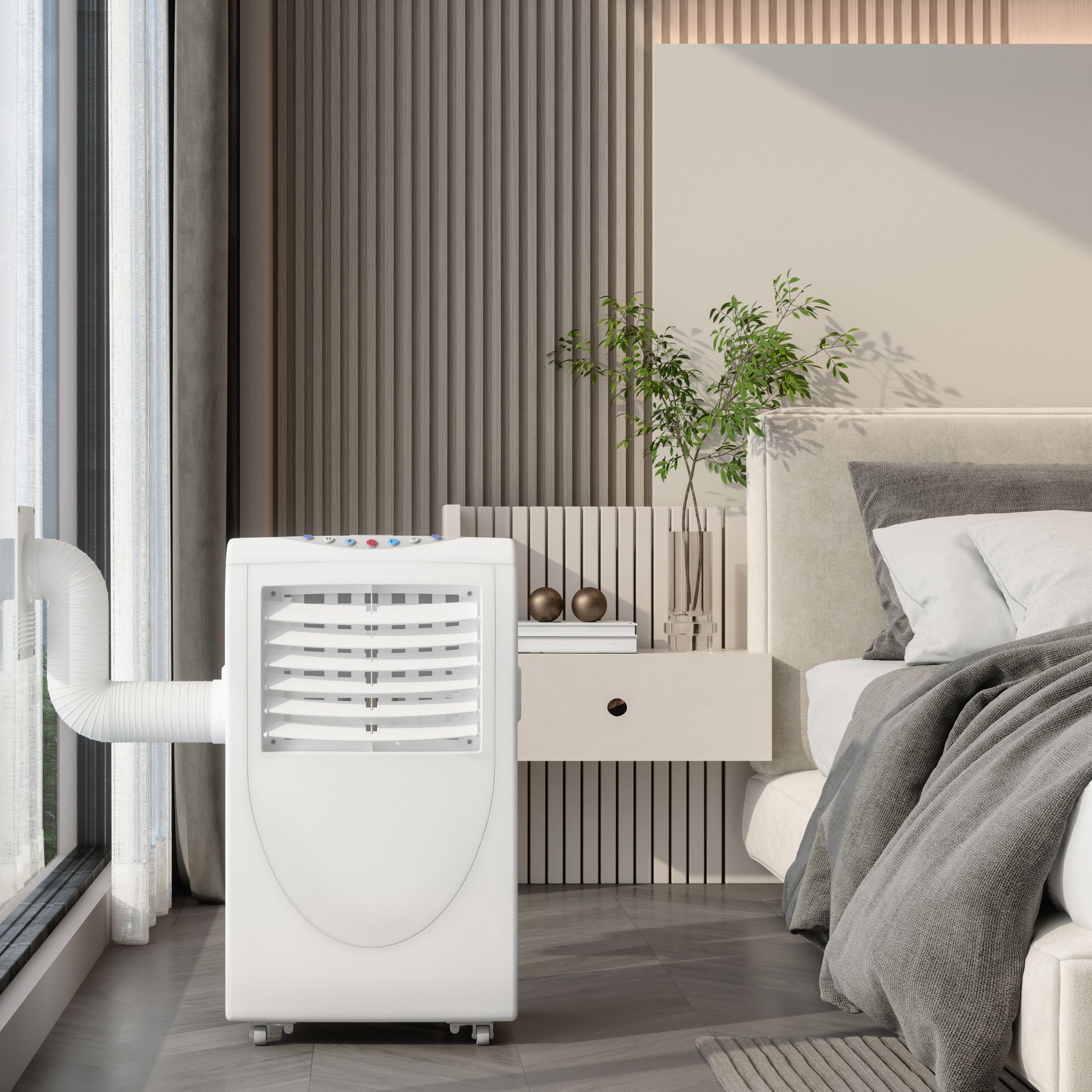 Portable air conditioner in a bedroom vented out of a large window