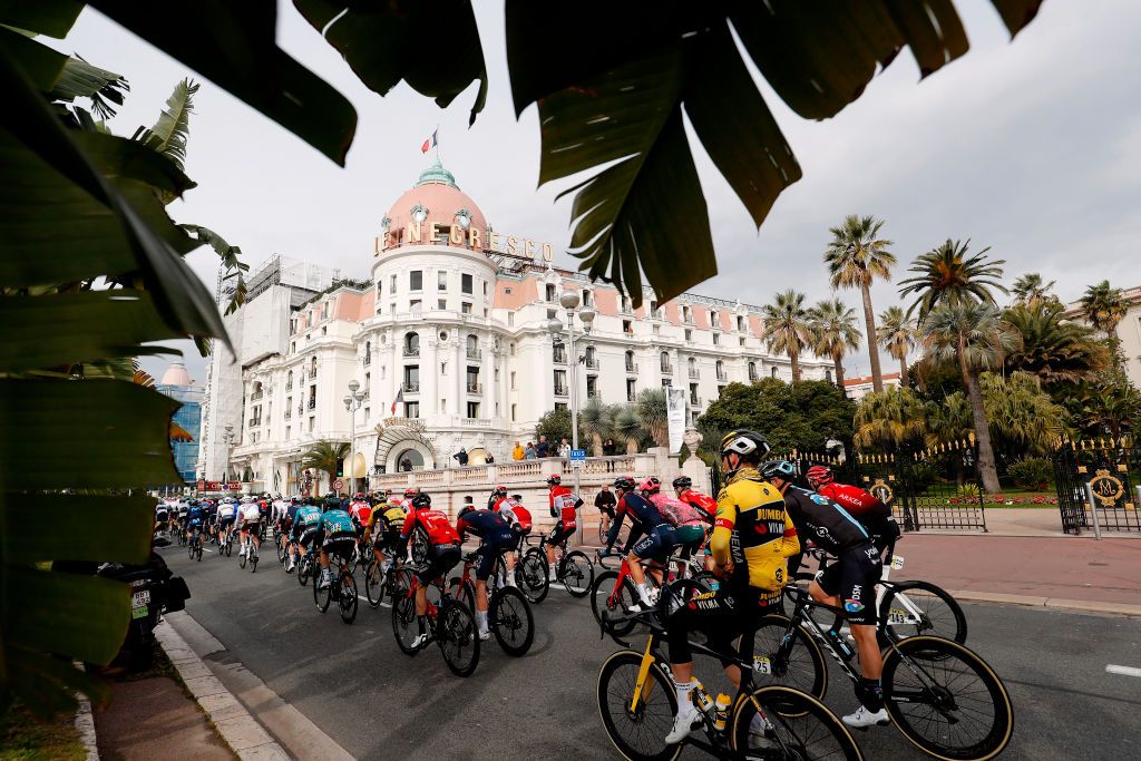 COL DE TURINI FRANCE MARCH 12 A general view of the peloton passing near Le Negresco Hotel in Nice City at start during the 80th Paris Nice 2022 Stage 7 a 1555km stage from Nice to Col de Turini 1605m ParisNice WorldTour on March 12 2022 in Col de Turini France Photo by Bas CzerwinskiGetty Images