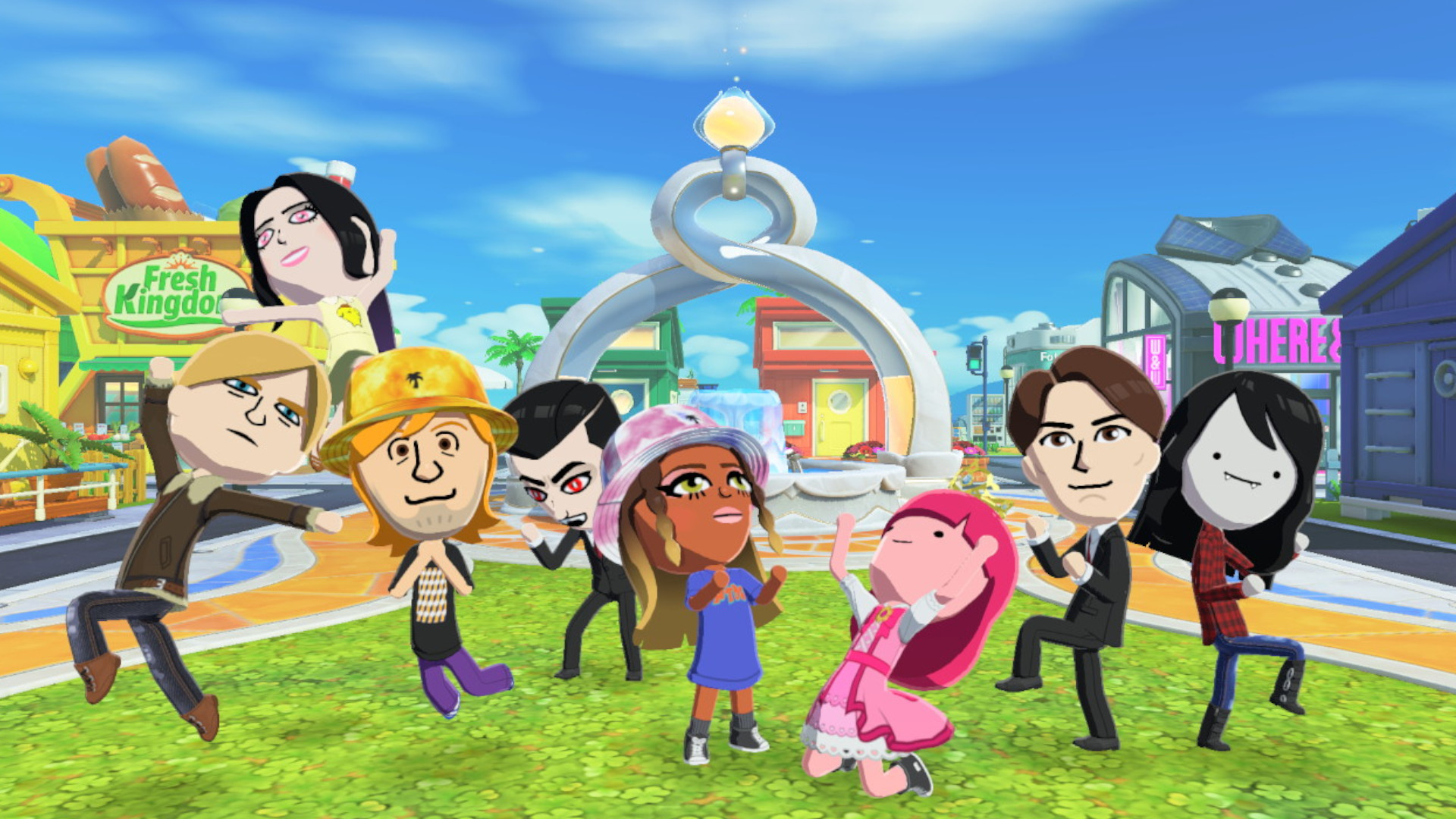 A group of Miis posing in front of the Wishing Fountain in Tomodachi Life: Living the Dream