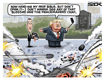 Political Cartoon U.S. Trump Kushner Bible photo op