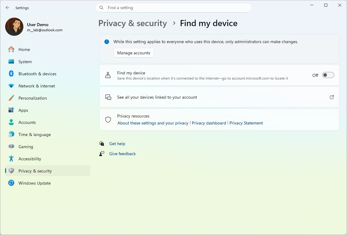 Windows 11 Find my device option
