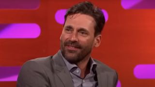 Jon Hamm smiling on The Graham Norton Show