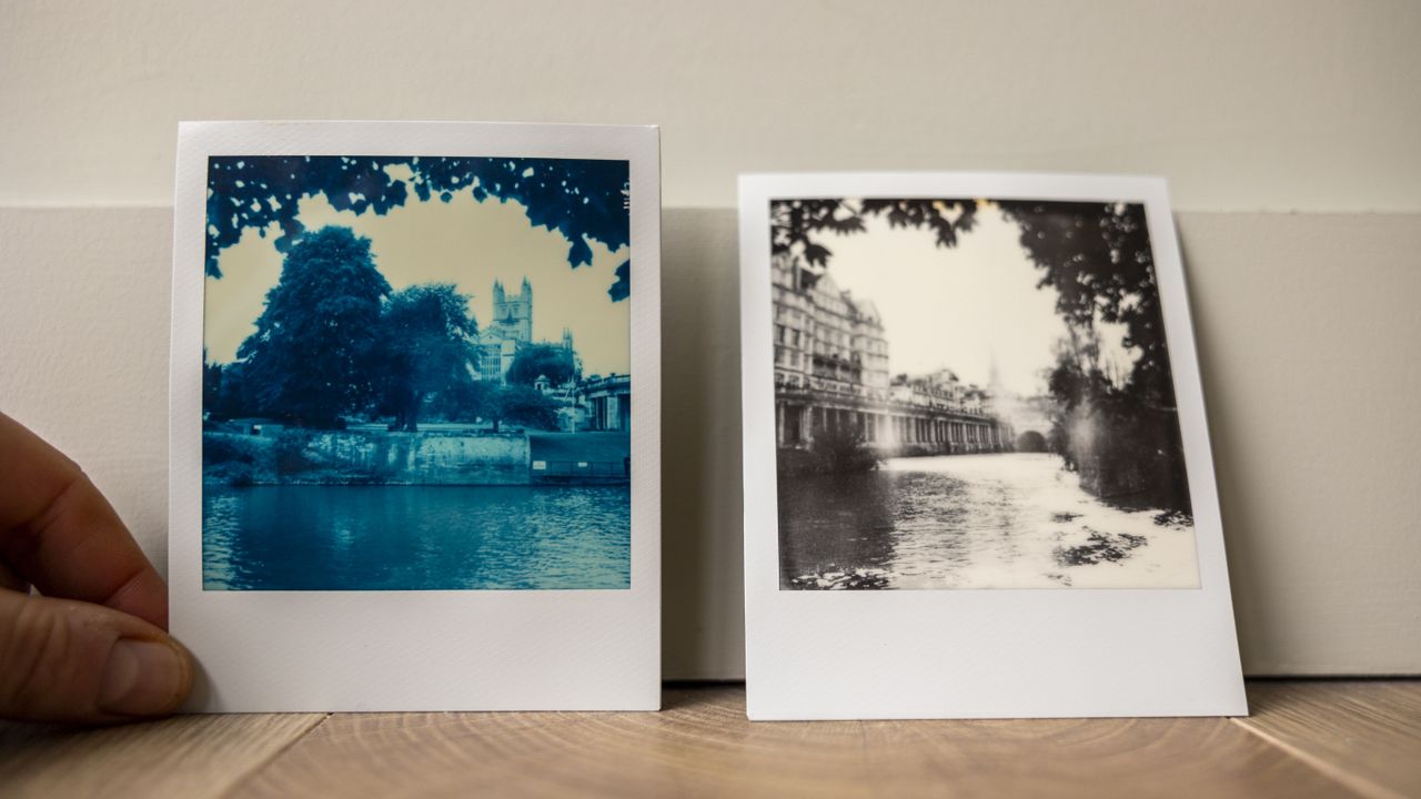 A Polaroid Reclaimed Blue print next to a B&amp;W film