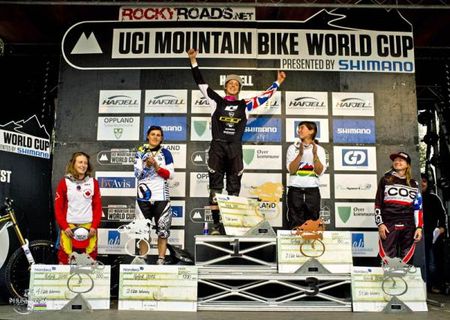 Hafjell elite women's downhill World Cup podium: Casey Brown, Emmeline Ragot, Rachel Atherton, Morgane Charre, Jacqueline Harmony