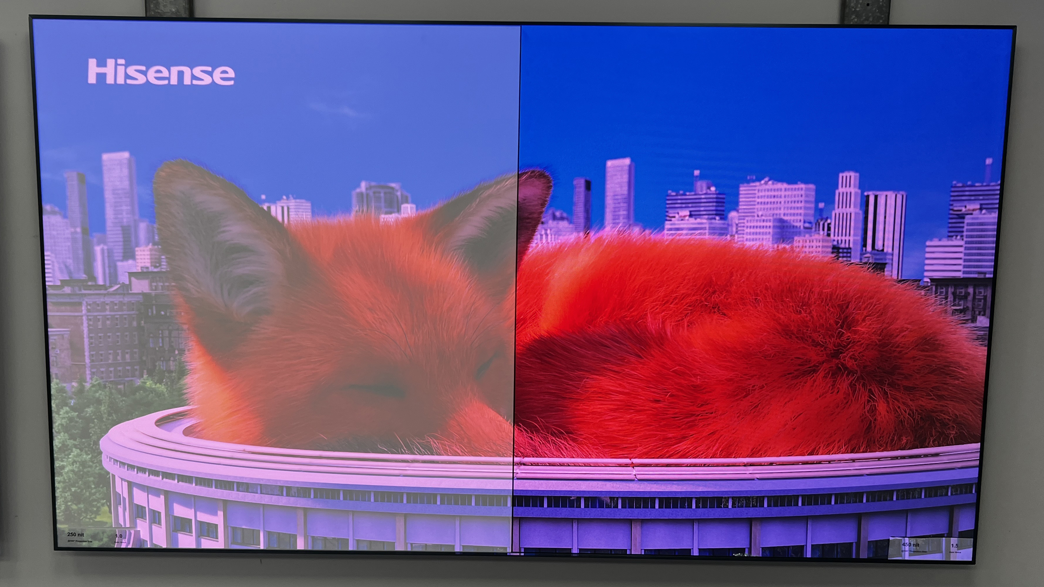 Hisense projector screen showing a difference in picture quality on the left and right