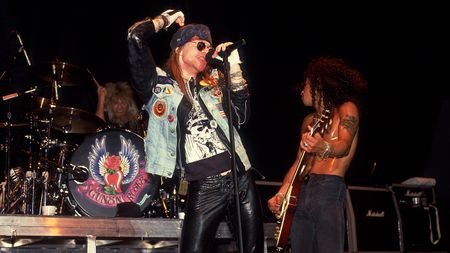 Axl Rose and Slash of Guns N' Roses at the Poplar Creek Music Theater in Hoffman Estates, Illinois, July 19, 1988. (Photo by Paul Natkin/Getty Images)