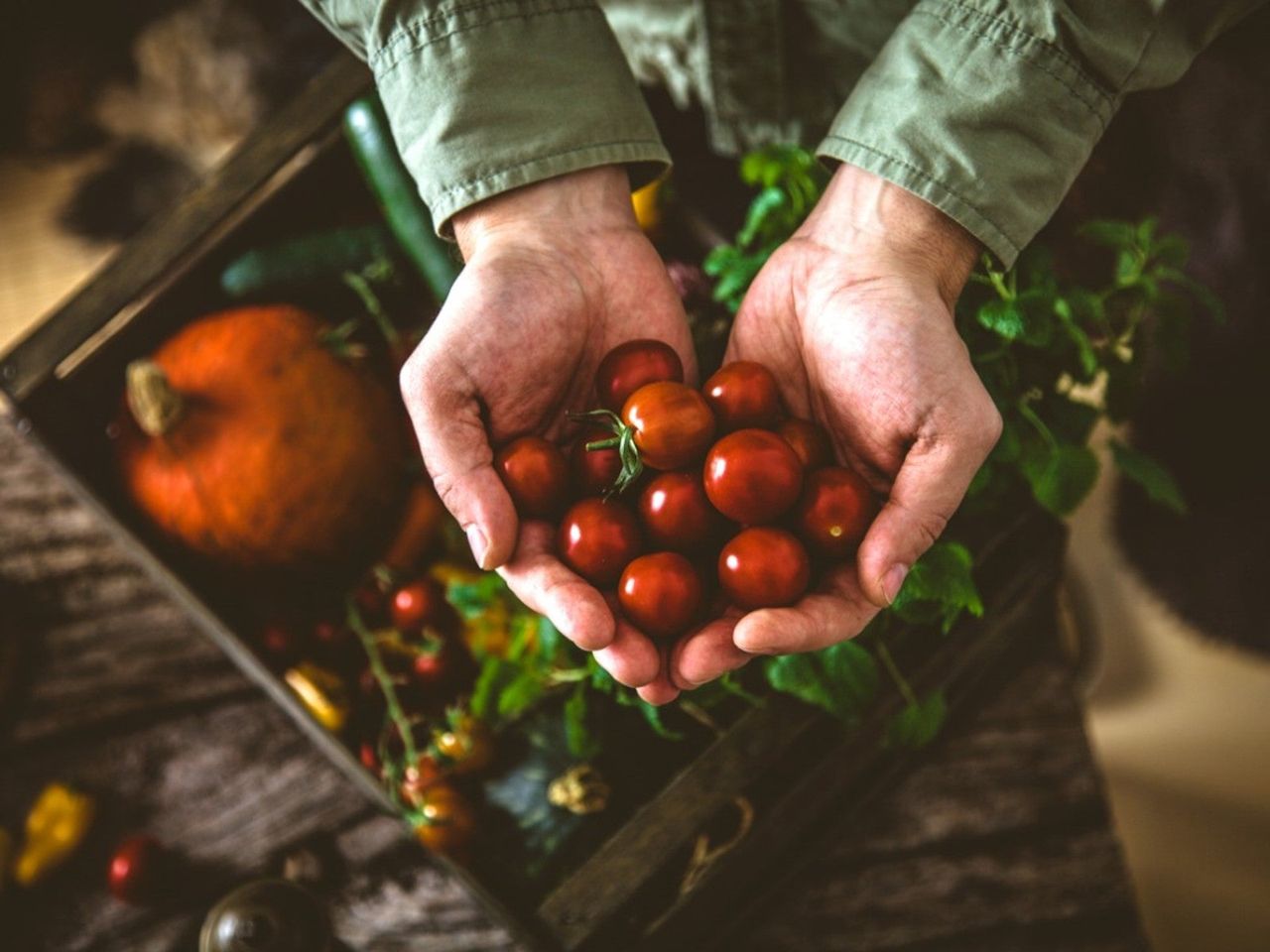 Box Of Vegetables And A Handful Of Small Tomatoes