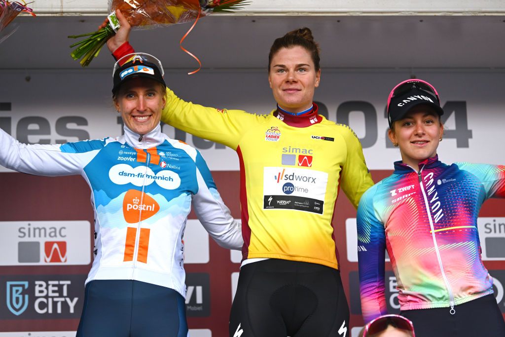 ARNHEM NETHERLANDS OCTOBER 13 LR Franziska Koch of Germany and Team dsmfirmenich PostNL on second place race winner Lotte Kopecky of Belgium and Team SD Worx Protime Yellow Leader Jersey and Zoe Backstedt of The United Kingdom and Team CanyonSRAM Racing on third place pose on the podium ceremony after the 26th Simac Ladies Tour 2024 Stage 6 a 1458km stage from Arnhem to Arnhem UCIWWT on October 13 2024 in Arnhem Netherlands Photo by Luc ClaessenGetty Images