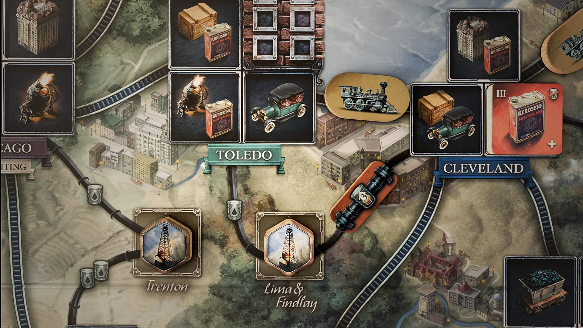 Locations and trade icons on an in-progress Brass: Pittsburgh match