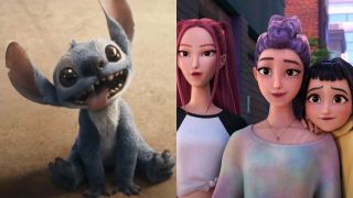 Live-action Stitch smiling in Lilio & Stitch/Kpop Demon Hunters looking at something and smiling