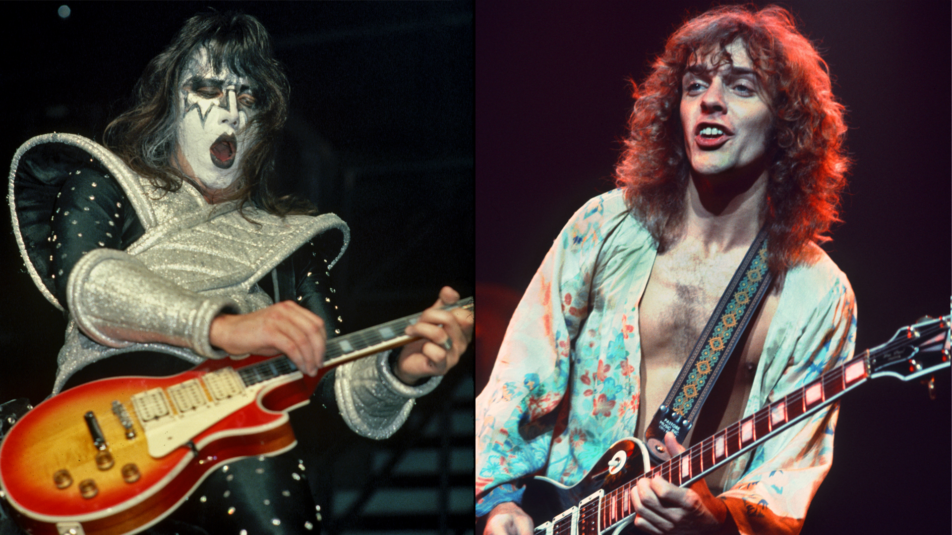 LEFT: Ace Frehley, guitarist for the American rock &amp; roll band Kiss, strikes some chords onstage in full Kiss regalia in 1978. RIGHT: Peter Frampton performs at Madison Square Garden, New York, New York, October 9, 1976. 