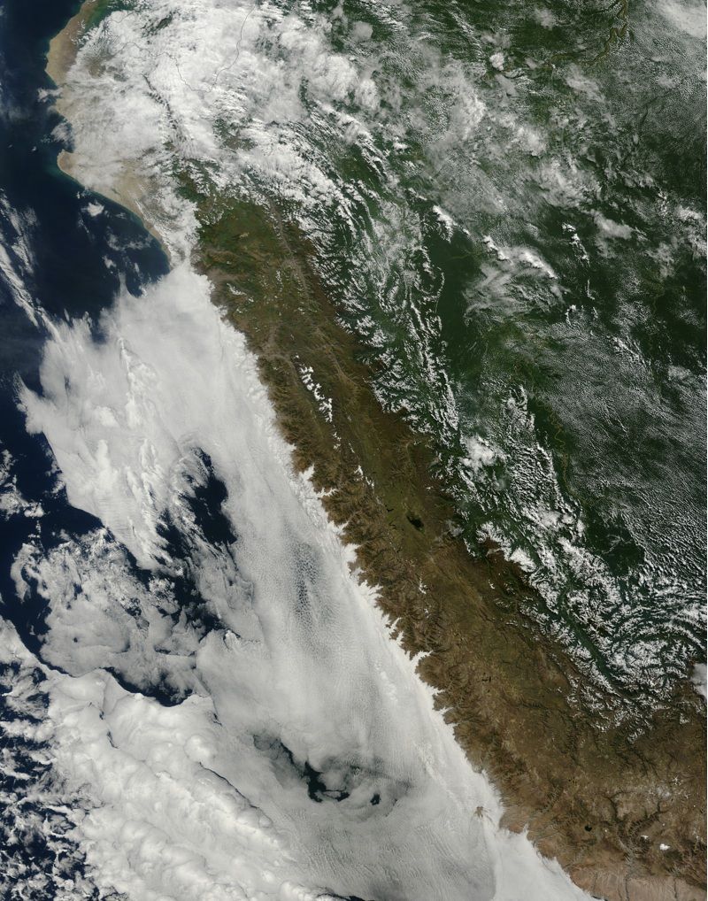 An instrument on NASA&#039;s Terra satellite captured this image of clouds hanging over the Peruvian coast, on June 7, 2015.