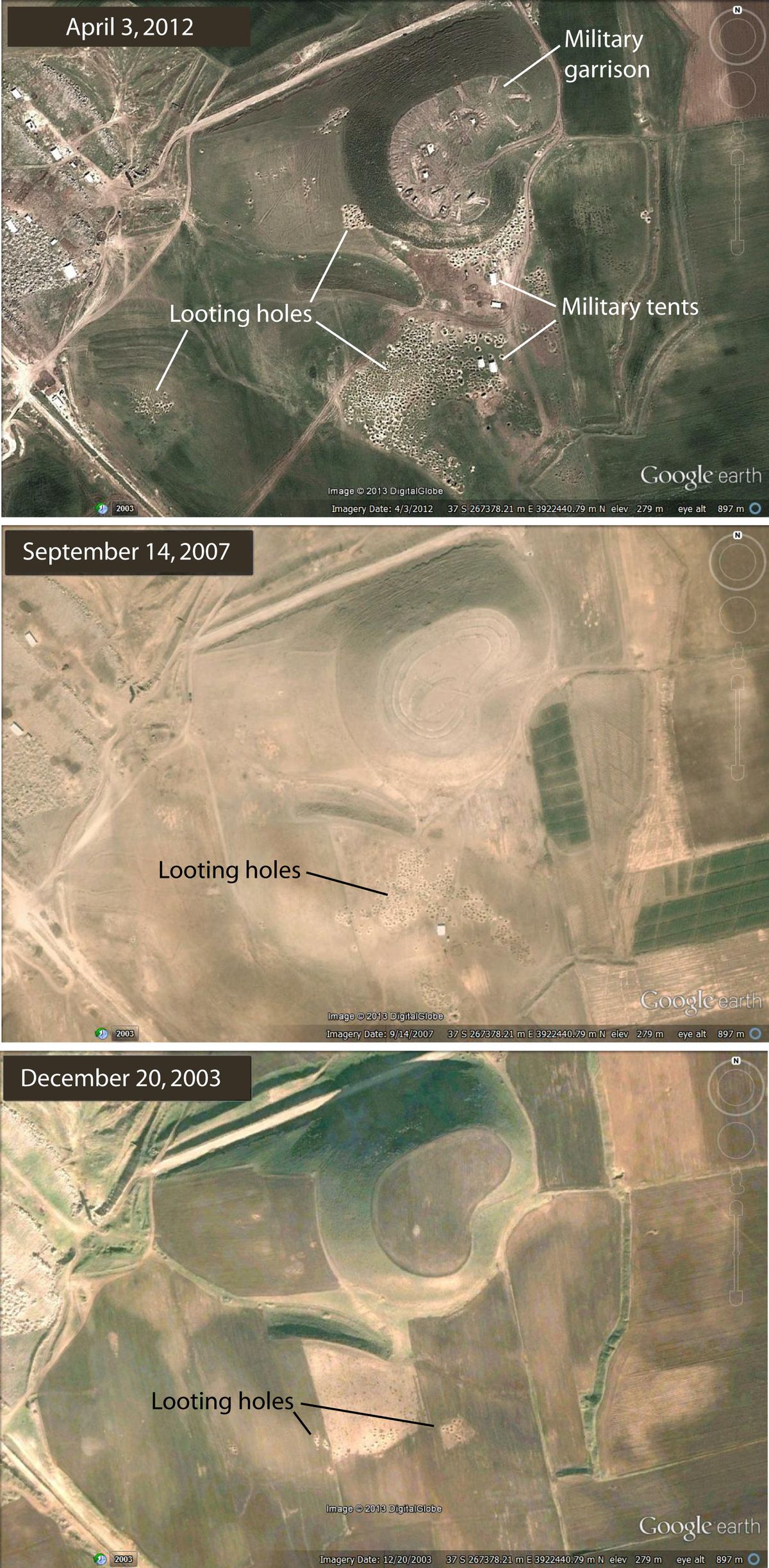 Satellite images show looting holes acdross Syria&#039;s Tell Jifar, a mound just east of Apamea.