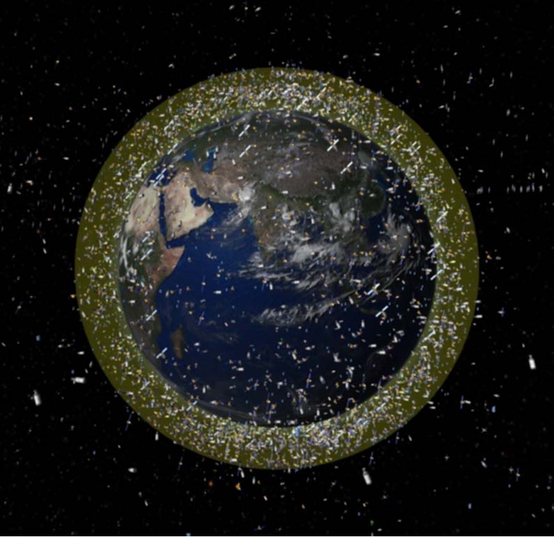 Illustration of the Earth surrounded by rubble